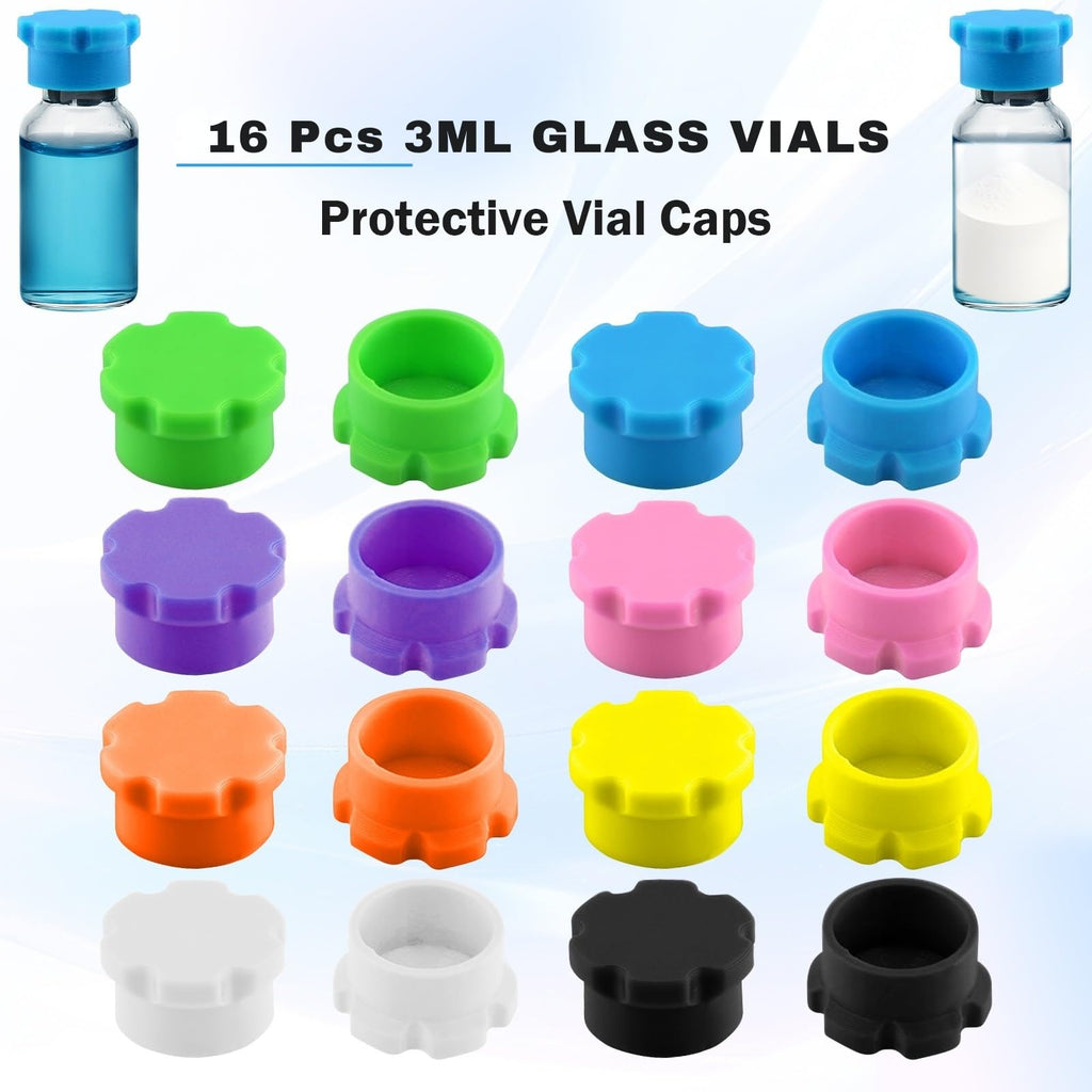 3ml Glass Vial Caps, Peptide Vial Caps, Silicone Protective Caps for 1ml 2ml 3ml Glass Vials, Reusable Vial Covers for Peptide Storage and Vial Boxes (16Pcs / 8Colors)