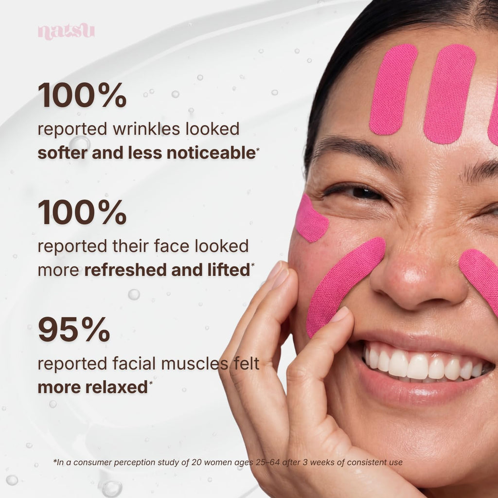 Overnight Anti Wrinkle Patches for Women - Japanese Face Tape for Forehead, Smile Lines - Pre-Cut Kinesiology Face Tape in 2 Sizes - Hypoallergenic, Skin Safe, Latex-Free - 1 Month Supply