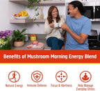 OM MUSHROOM SUPERFOOD Morning Energy Blend – Caffeine-Free Powder with Cordyceps, Lion’s Mane, Rhodiola & Vitamin D2 – Supports Energy, Focus & Endurance – 8.47 oz Canister (30 Servings)