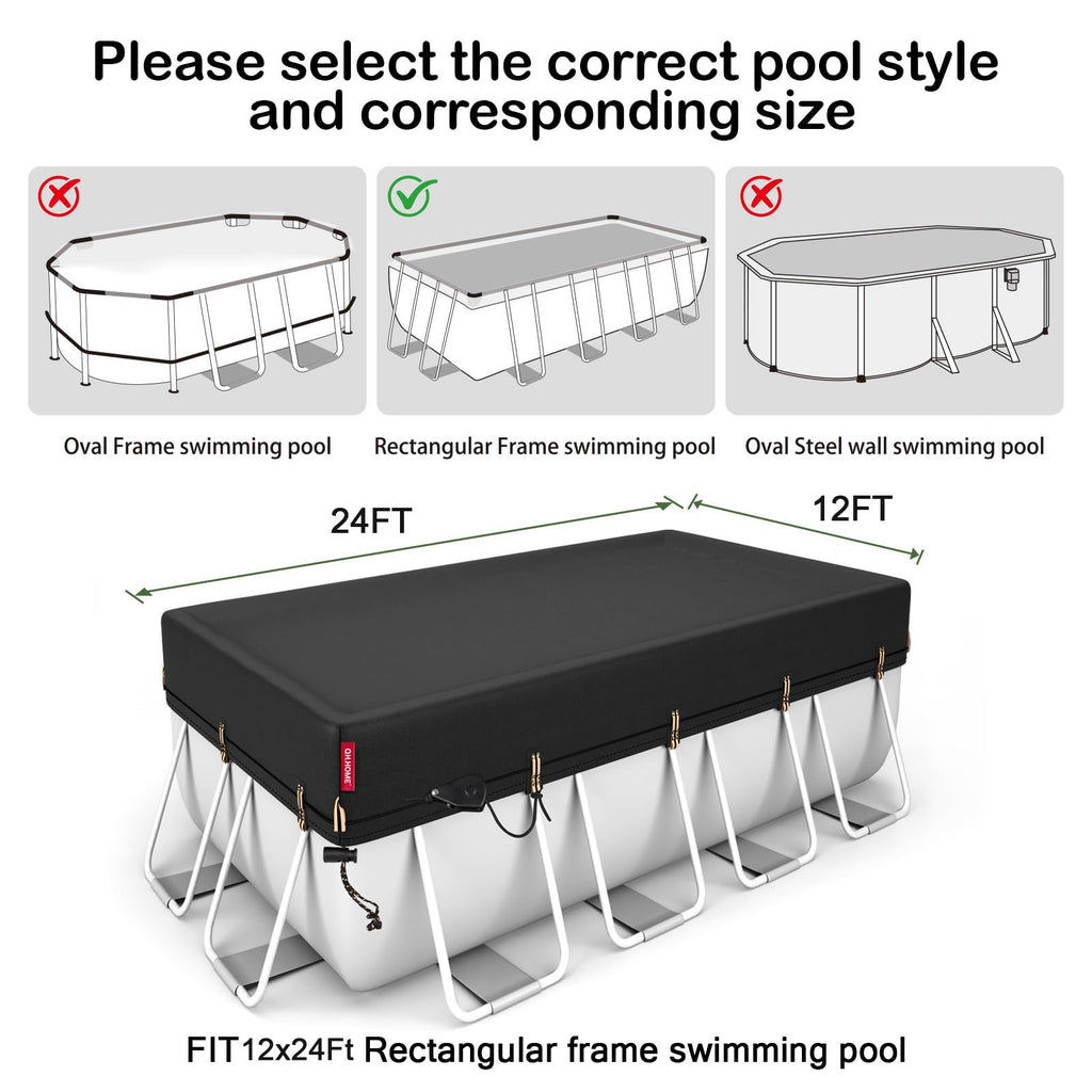 QH.HOME 12x24 ft Rectangular Pool Cover,Solar Cover for Above Ground Pools - Black Oxford Fabric Heats Water, Blocks Leaves & Sun, Windproof Snug Fit with Patented Ratchet & Weight Rings