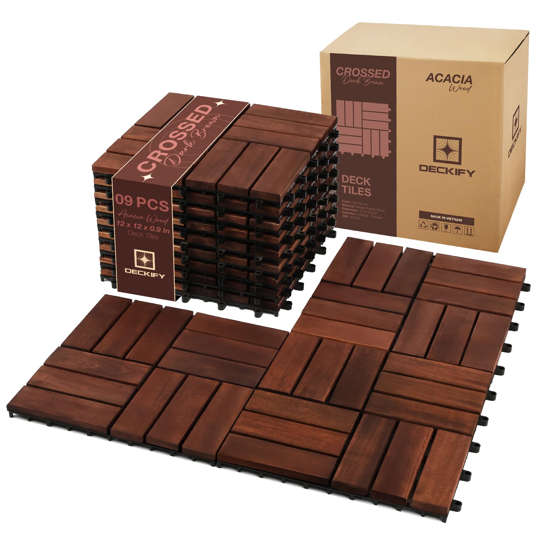 DECKIFY 9Pcs Acacia Wood Interlocking Patio Deck Tiles, 12 x 12 x 0.9 Inch Outdoor Flooring, Waterproof for All-Weather Use – Crossed, Dark Brown
