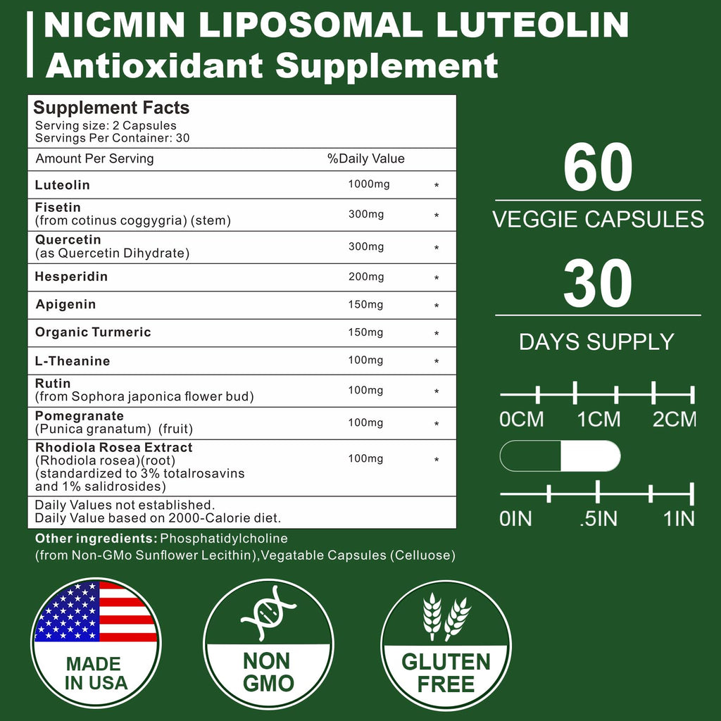 NICMIN 1000MG Liposomal Luteolin, Maximum Absorption, Potent Luteolin Supplement 120 Capsules