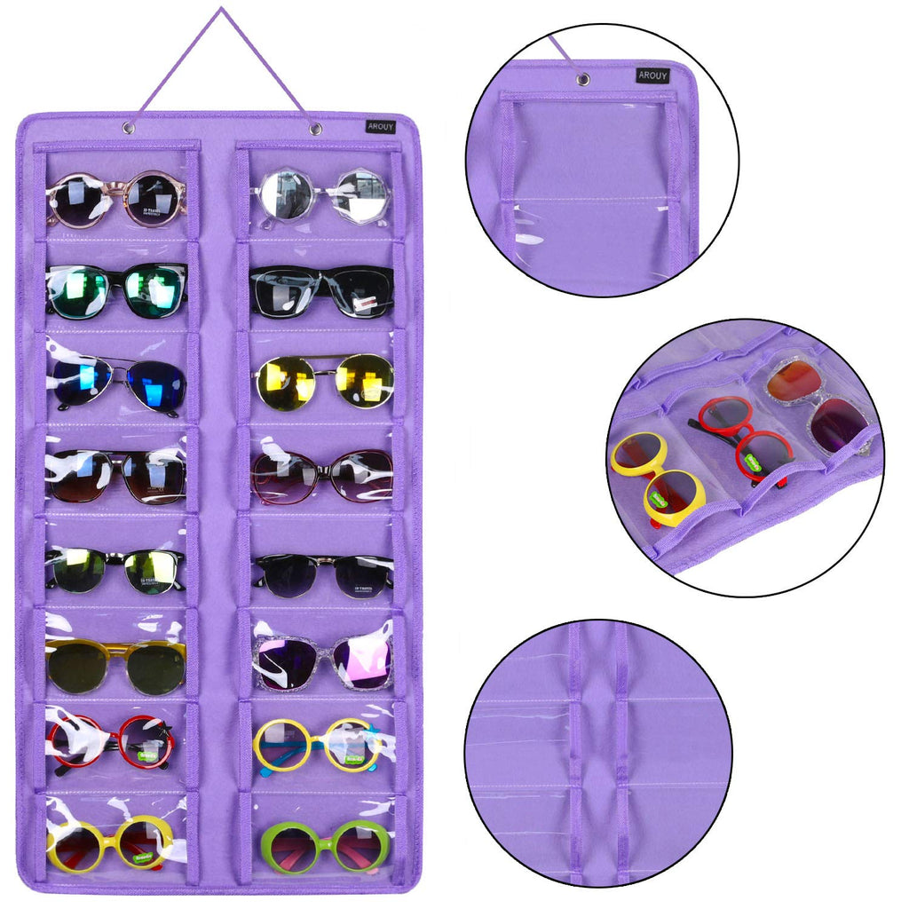 AROUY Sunglasses Organizer Storage, Hanging Dust Proof Wall Pocket Glasses Organizer - 16 Felt Slots Sunglass Organizer Holder with Metal Hook and Sturdy Rope (Dust Proof, Purple)