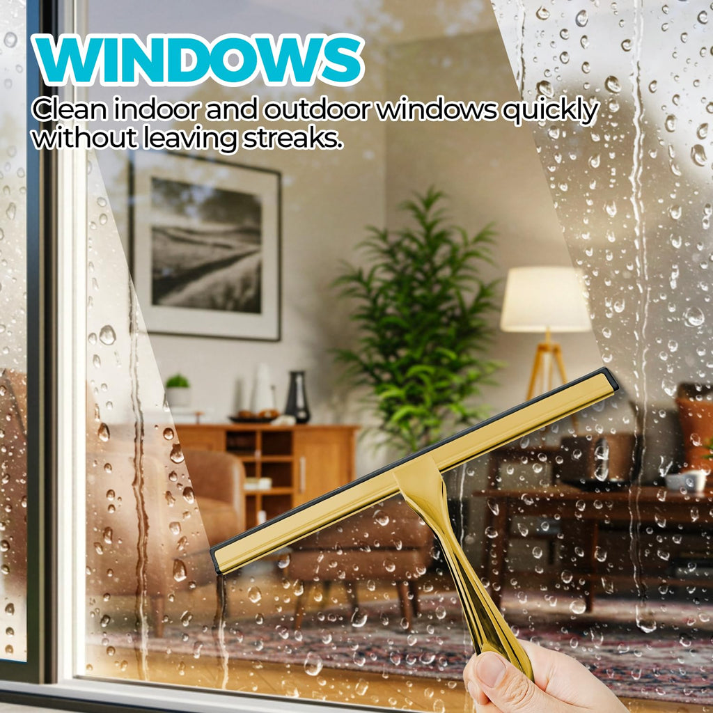 ALFLOD 2PACK 12-Inch Golden All-Purpose Shower Squeegee for Shower Doors, Bath Linen Sets, Tile Shower Walls, Bathroom, Window, Glass and Car Windshield, Mirrors and Kitchen-Stainless Steel