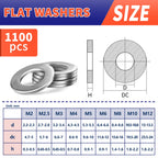1100 Pcs Flat Washers Assortment Kit – 304 Stainless Steel, 9 Metric Sizes (M2–M12), Metal Washers for Screws and Bolts – Ideal for Automotive, Construction, Industrial, and DIY Use