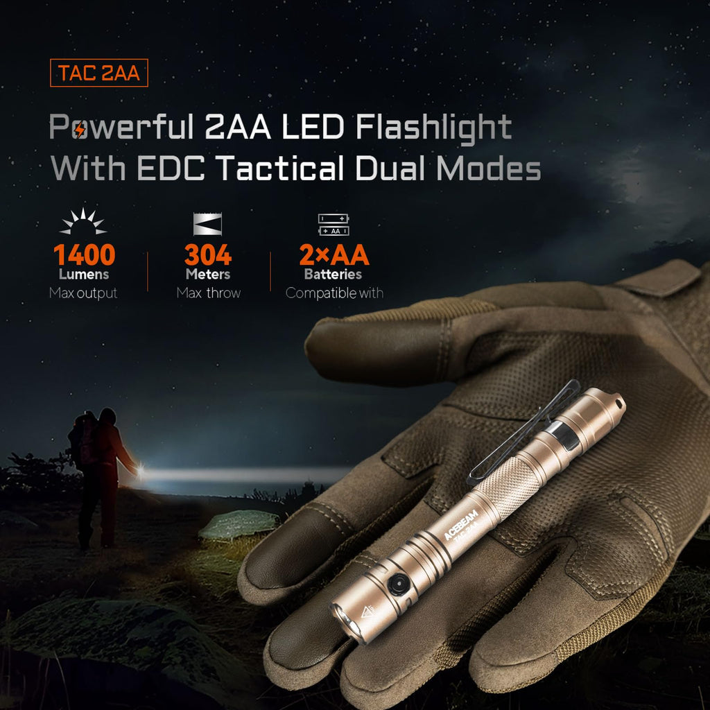 ACEBEAM TAC 2AA EDC Tactical Dual Modes Flashlight Rechargeable, 1400 High Lumens Flashlight, Dual Switch Pocket LED Flashlight, Super Bright Small Flash Light for Emergency, Camping, Home(SFT-25R HI)