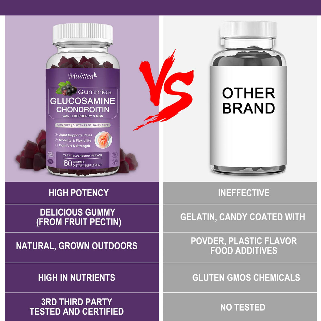 Mulittea 3 Pack Glucosamine Chondroitin Gummies MSM Elderberry Calcium- Extra Strength Joint Support Supplement for Relief. Antioxidant Immune Support for Adults Men Women