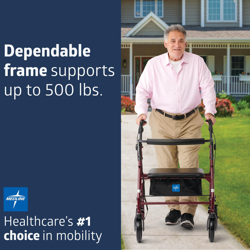 Medline Large Steel Bariatric Rollator Walker with Adjustable Handles, Padded Seat & Backrest, Burgundy, 500 lb. Weight Capacity, Foldable with Storage, 8" Wheels, Rolling Walker For Seniors & Adults