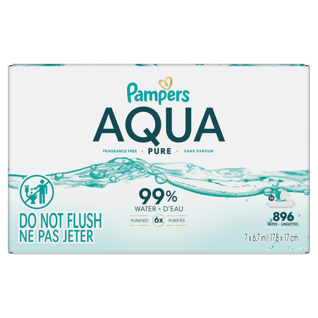Pampers Aqua Pure Baby Wipes, Unscented, Fragrance Free, 99% Water, Water Based, Multi-Use, 896 Wipes Total (16X Flip-Top Packs)