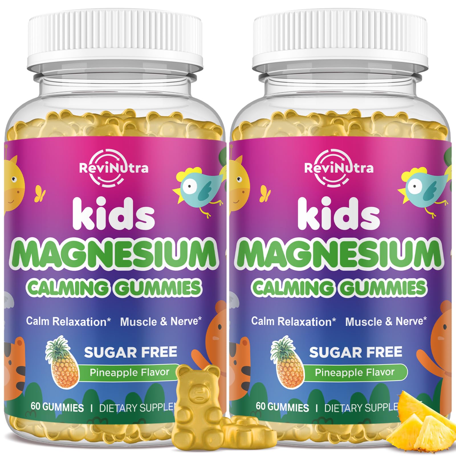 2 Pack Kids Magnesium Gummies, Magnesium Glycinate Gummies for Kids & Adults with L-Theanine, Chamomile, Licorice, Vitamin D, B6 for Sleep, Relaxation, Brain & Muscle, Sugar Free Pineapple