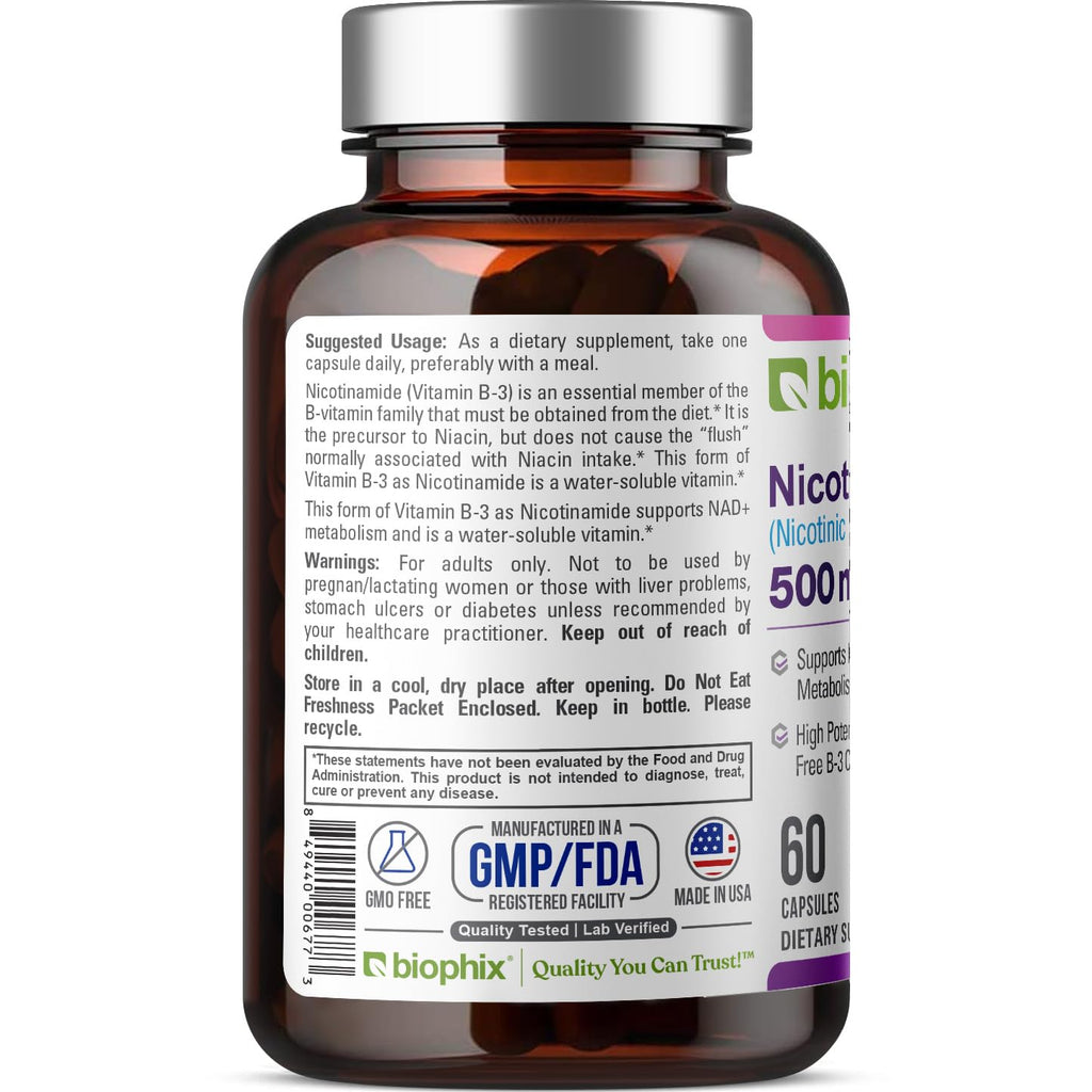biophix B-3 Nicotinamide 500 mg 60 Caps - Nicotinic Amide Niacin Natural Flush-Free Vitamin Formula - Supports Skin Cell Health