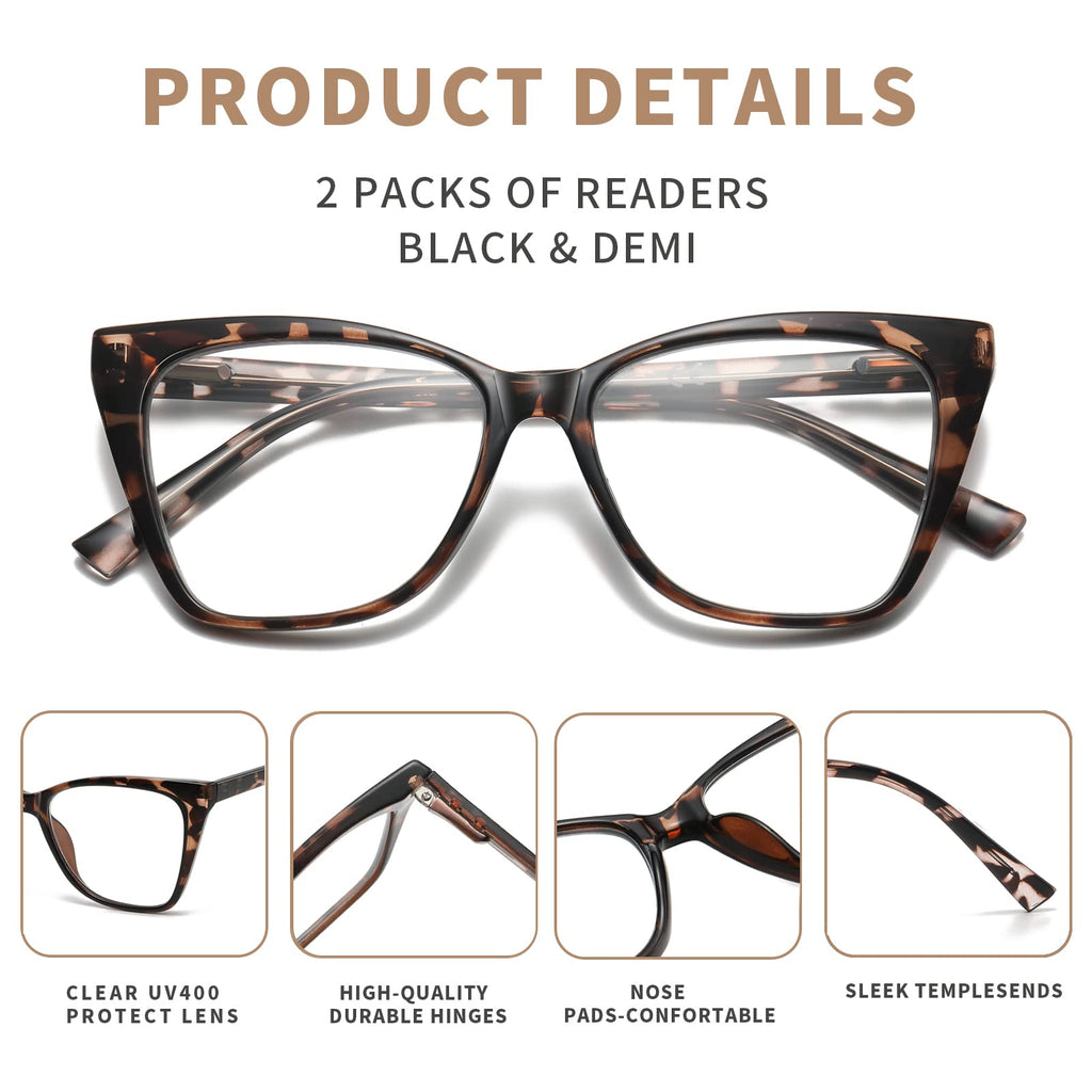 LKEYE Oversized Reading Glasses For Women Cat Eye Computer Blue Light Blocking Reader Stylish Ladies Designer Fashion Large Unbreakable Eyeglasses 2pack Black Leopard LK6042 + 1.50 x