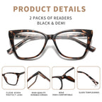 LKEYE Oversized Reading Glasses For Women Cat Eye Computer Blue Light Blocking Reader Stylish Ladies Designer Fashion Large Unbreakable Eyeglasses 2pack Black Leopard LK6042 + 1.50 x