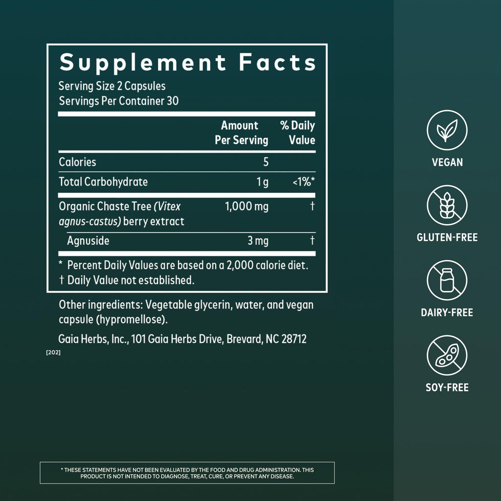 Gaia Herbs Vitex Berry - 1000 mg Organic Chaste Tree - Traditionally Used to Support Hormone Balance for Women & a Healthy Menstrual Cycle* - 60 Vegan Liquid Phyto-Caps (30 Servings)