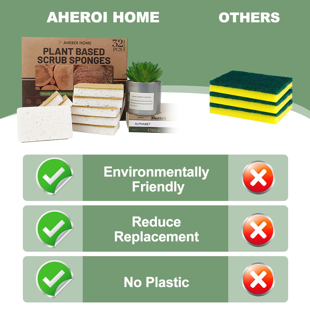 Aheroi Natural Dish Sponge, 32 Count FSC Certified Plant-Based Biodegradable Compostable Kitchen Sponges for Dishes Bulk, Organic Eco Friendly Cleaning Sponge for Bathroom, Household, Non Scratch