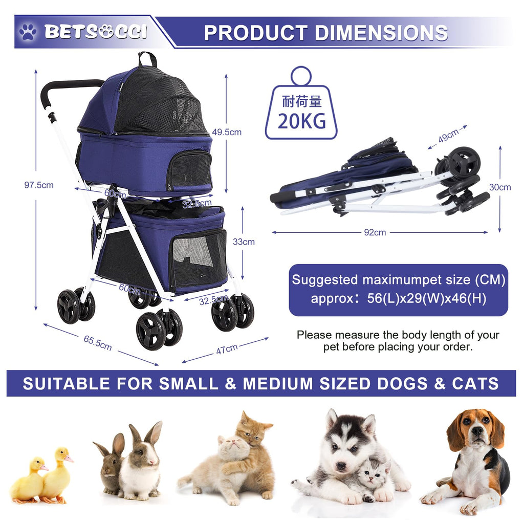 BETSOCCI Double Dog Stroller with 2 Detachable Carrier, Portable Pet Stroller for Small Dogs & Cats Folding Lightweight Puppy Travel Carriage, 4 Wheels, Blue