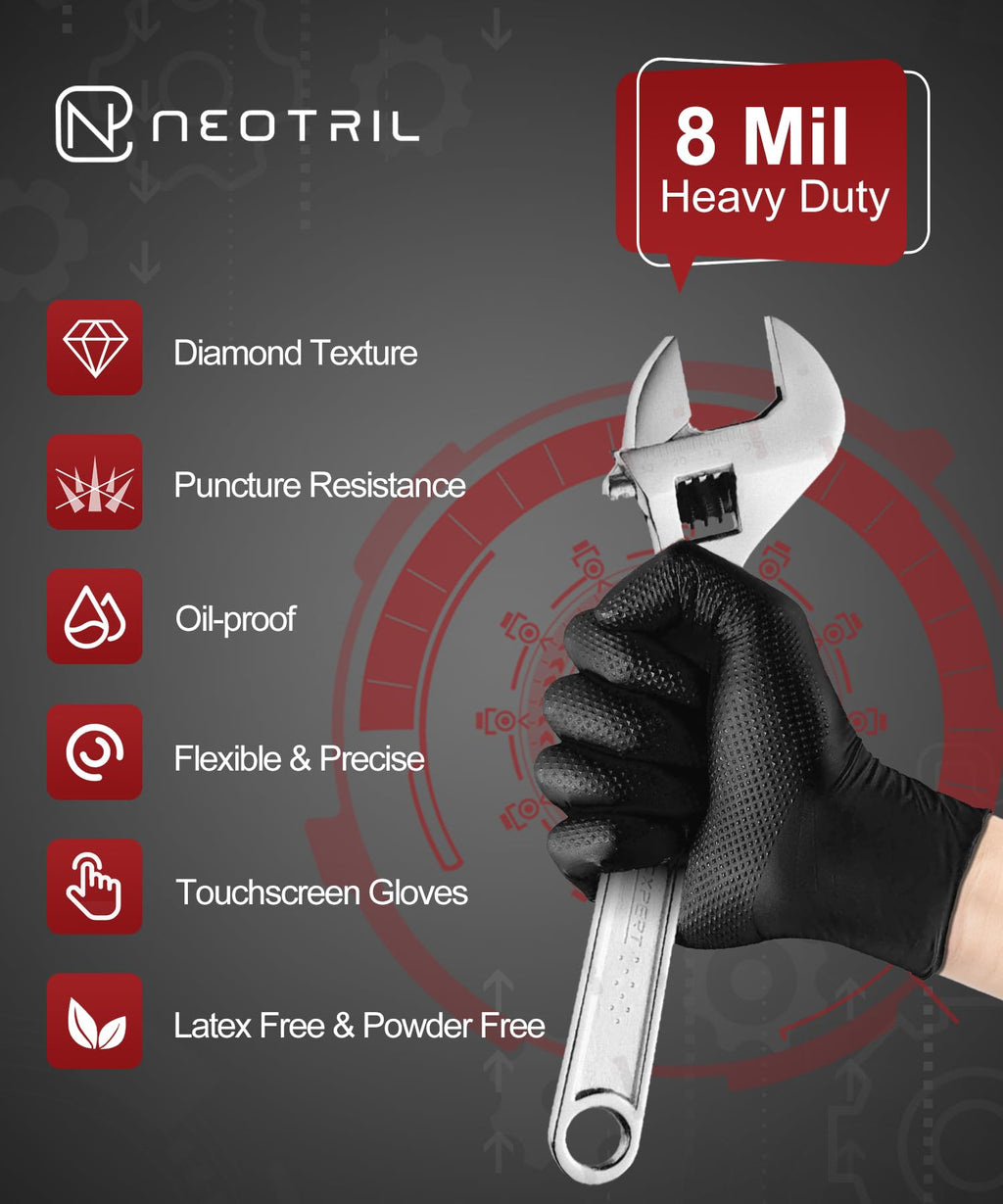NEOTRIL 8 Mil Heavy Duty Disposable Nitrile Gloves with Raised Diamond Texture Grip Rubber Gloves, Latex & Powder Free Mechanic Gloves for Household Cleaning, Black | 200 Pcs