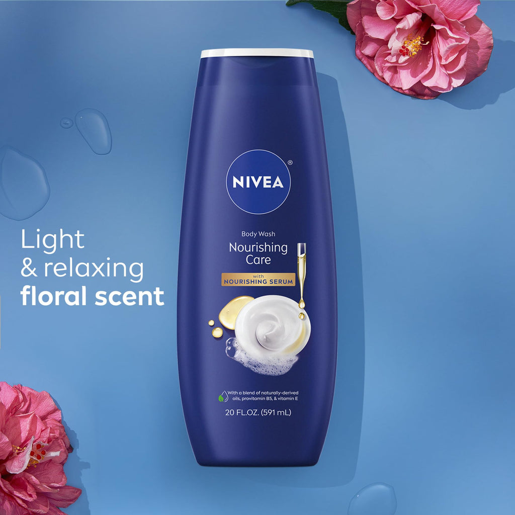 NIVEA Nourishing Care Body Wash with Nourishing Serum, Moisturizing Body Wash for Women, Enriched with Provitamin B5 and Vitamin E, 20 Fl Oz Bottle, Pack of 3