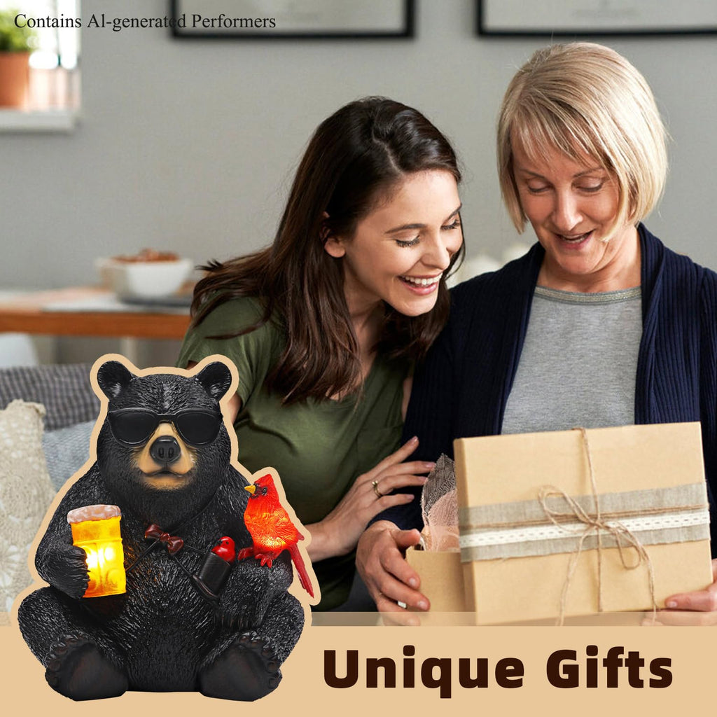 YHSOLAR Solar Black Bear Statue for Garden with Beer and Cardinals