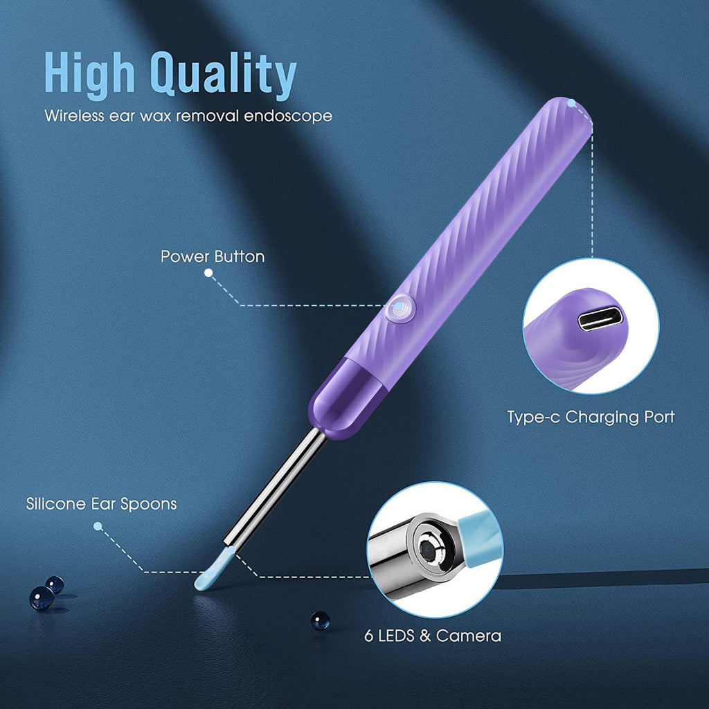 LEIPUT Ear Wax Removal Tool - Ear Cleaner with 1080P Camera - Ear Canal Cleaner - Ear Cleaning Kit with 6 Ear Spoon - Ear Camera for iOS & Android - Birthday Gifts for Women - Purple