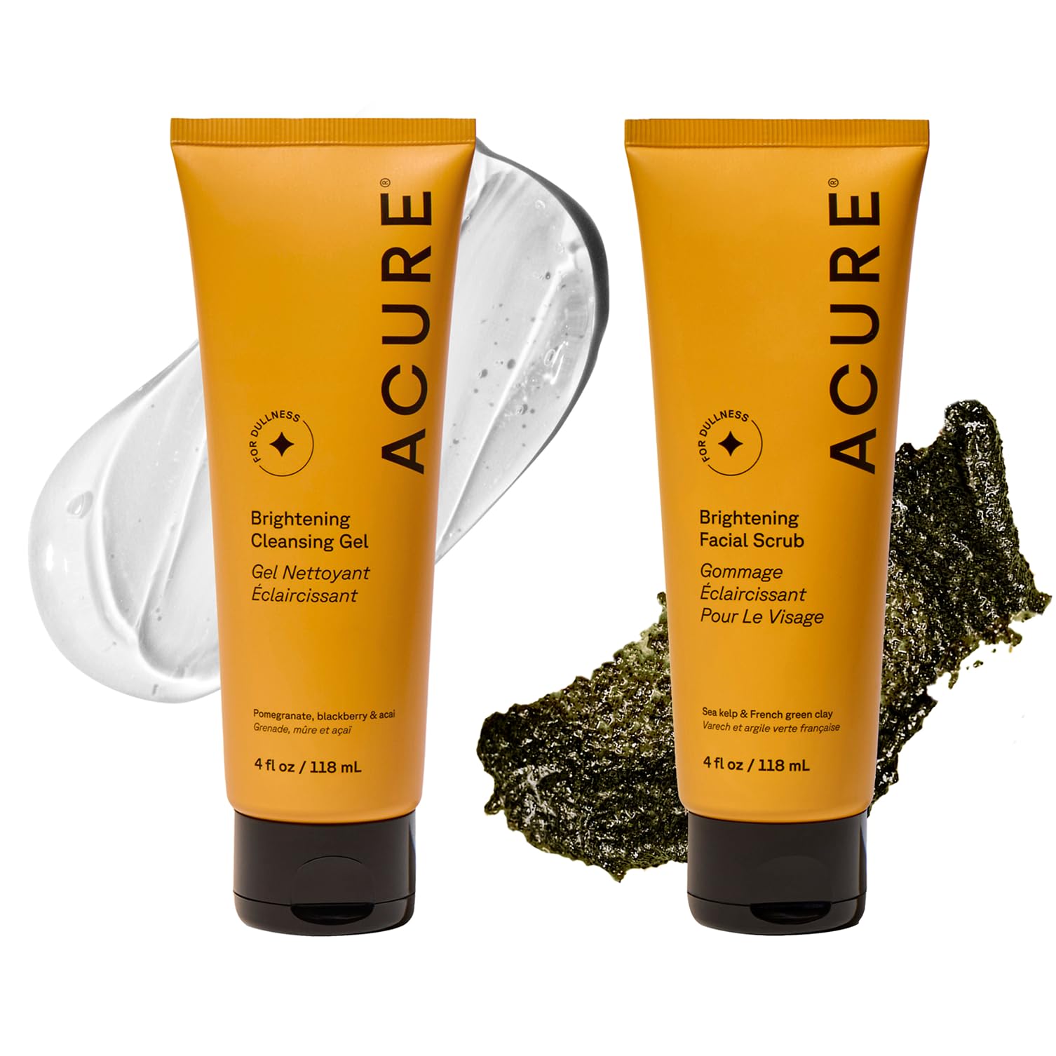 Acure Brightening Facial Scrub & Cleansing Gel Combo Pack - Exfoliating Face Wash & Gentle Daily Facial Cleanser for Radiant Skin with Sea Kelp, Pomegranate & Acai, 100% Vegan - 4 fl oz (2 Pack)