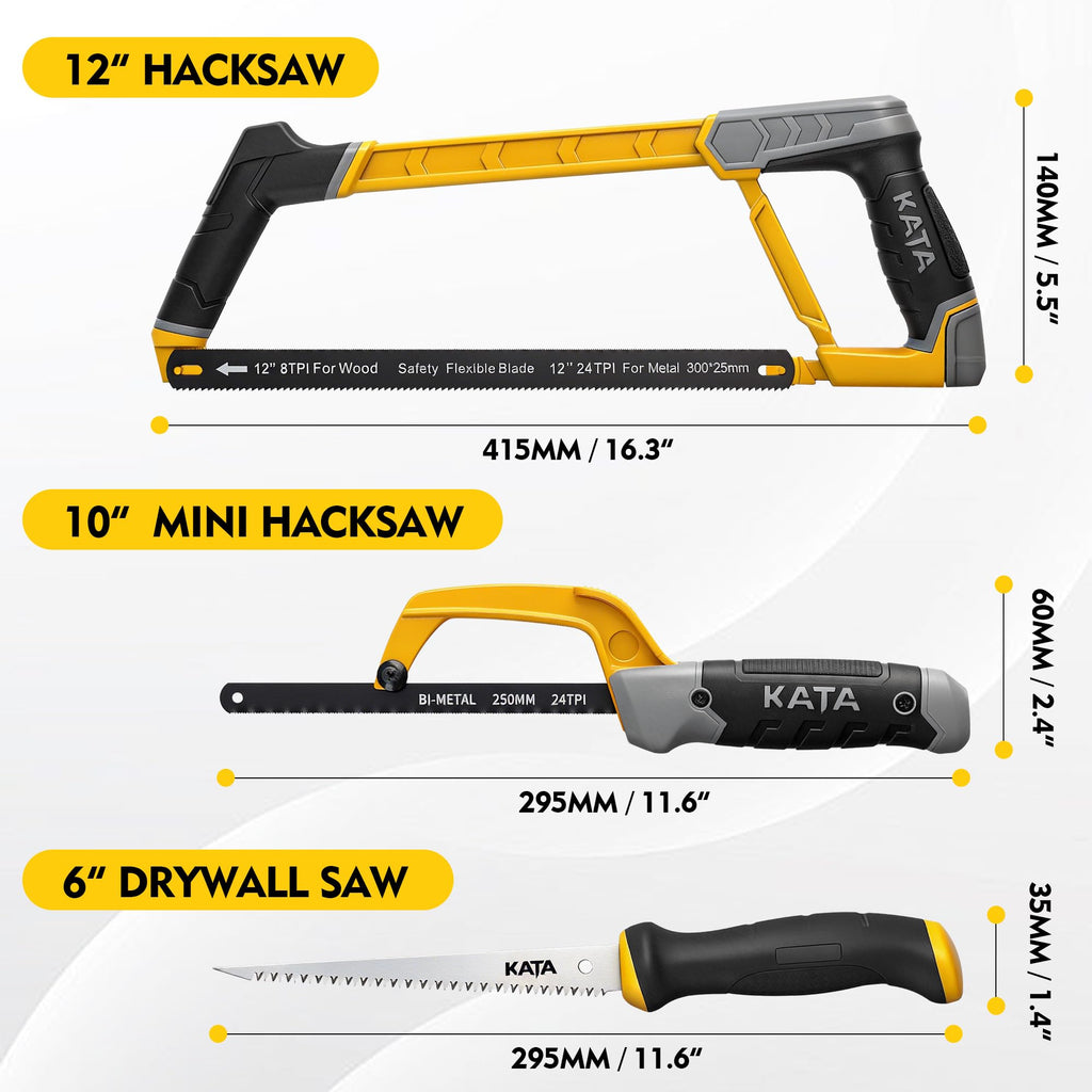 KATA Heavy Duty Hacksaw Frame Set, 12 Inch Hacksaw, 10 Inch Mini Hacksaw & 6 Inch Drywall Jab Saw, 4pc Extra Bi-Metal HSS Blades, 45°/90° Adjustable, Cutting Metal, Wood, PVC