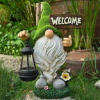 Meagkka Garden Gnome Statue Outdoor Decor Large Flocked Resin Gnome Figurine with Solar Light Holding Lantern Welcome Sign Garden Yard Decorations Dwarf Sculpture for Outside Patio Porch Lawn Decor.