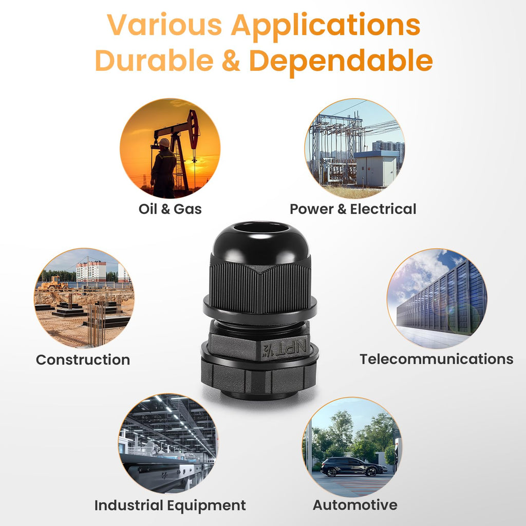 QILIPSU 50pcs 1/2" NPT Cable Gland Waterproof IP68 Nylon Cable Pass Through Cord Grip Connector Strain Relief Wire Grommet