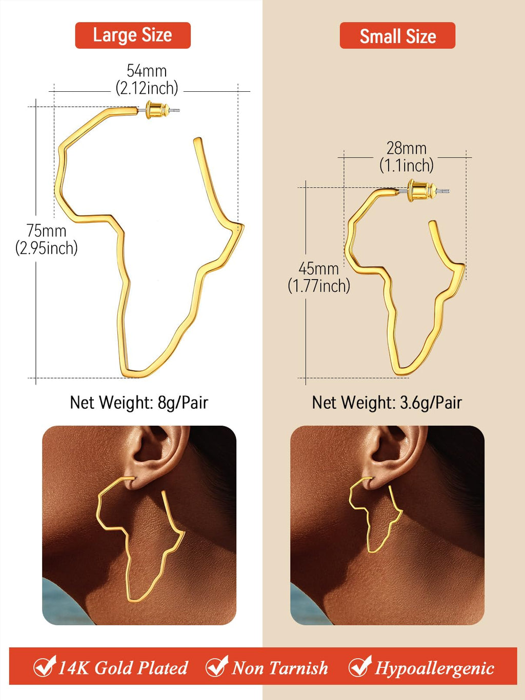 FaithHeart Gold Hoop Earrings for Women, Trendy 14K Gold Plated Large African Map Huggie Hoop Earrings Non Tarnish Everyday Jewelry