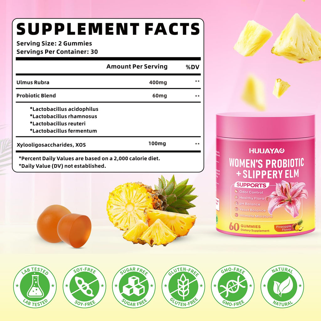 HUUAYAO Feminine Probiotics Gummies - Women's Probiotic Slippery Elm Gummies, Sugar-Free, Pineapple Flavor, 60 Count