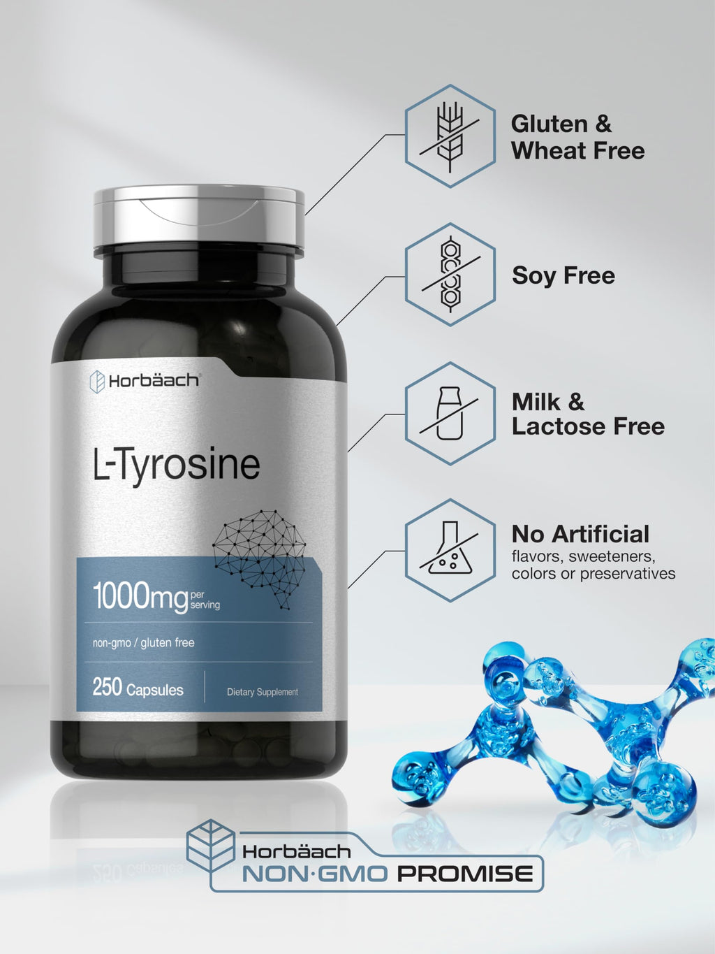 Horbäach L-Tyrosine Supplement | 1000mg | 250 Capsules | Non-GMO and Gluten Free Formula