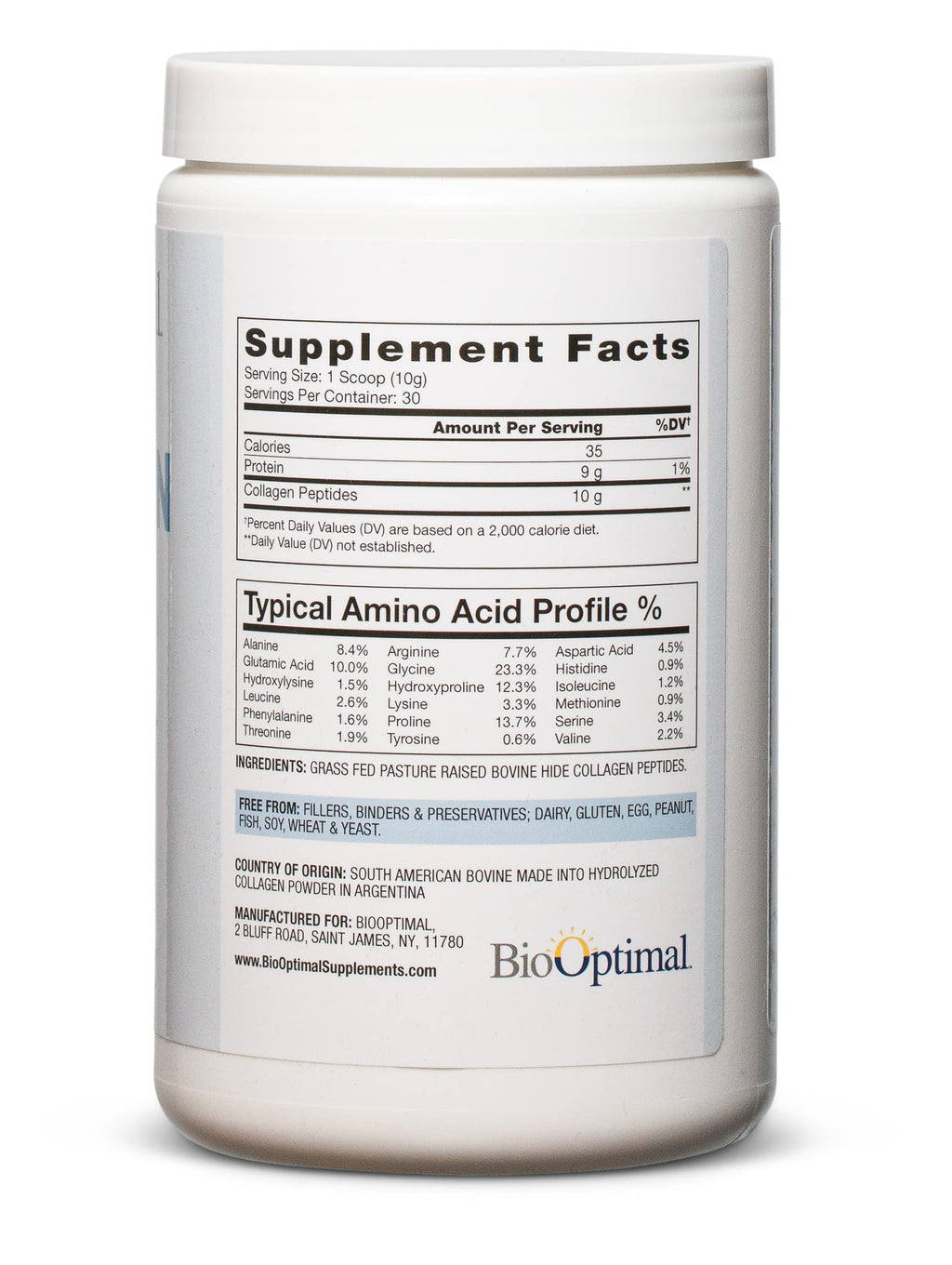 BioOptimal Collagen Peptides Powder - Grass-Fed, Pasture-Raised Hydrolyzed Protein Supplement for Skin, Hair, & Nails - Non-GMO, Zero Sugar Daily Supplement for Men & Women (30 Servings)