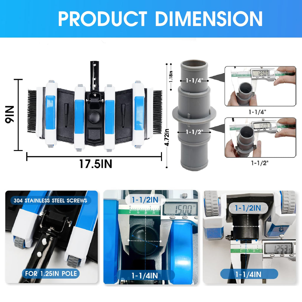 2 in 1 TidyMister 4LB Professional Pool Vacuum Heads with Hose Adapter Connector 1-1/4" or 1-1/2" Set-Commercial-Grade Vac Head & Swivel Handle,Wheels for Vinyl Liner,Inground & Above-Ground Pool