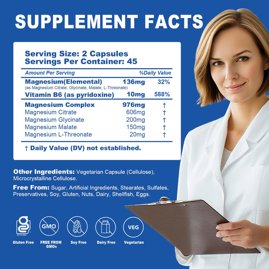 5 in 1 Magnesium Complex, 976mg Complex with Magnesium Glycinate, Citrate, Malate & L-Threonate, Vitamin B6 for High Absorption, Third Party Tested, Gluten-Free, Easy-Swallow Vegan Capsule