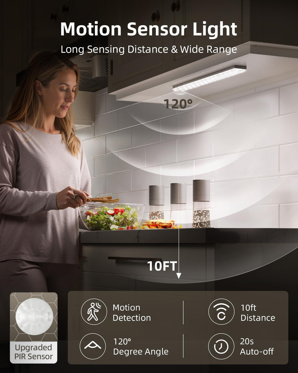 EZVALO 6-Pack Under Cabinet Lighting, 2000mAh Rechargeable Wireless Motion Sensor Lights, 62LEDs, 3 Color Temps, Dimmable, Timer, Magnetic, with Remote Control for Kitchen, Closet, Stair