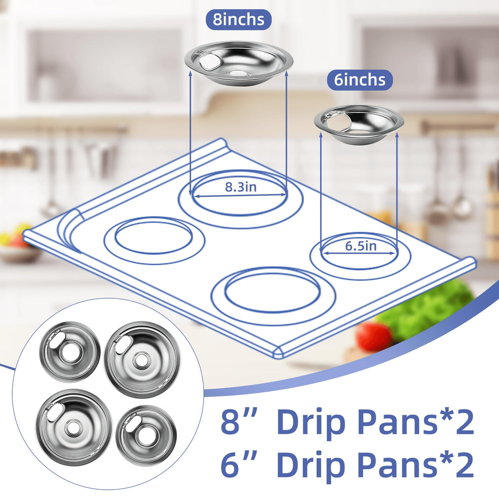 W10196406 and W10196405 Chrome Stove Burner Drip Pan Set for Whirlpool Amana Maytag Magic-Chef Kenmore Electric Range with Locking Slot, Includes 2 6-Inch and 2 8-Inch Drip Bowls