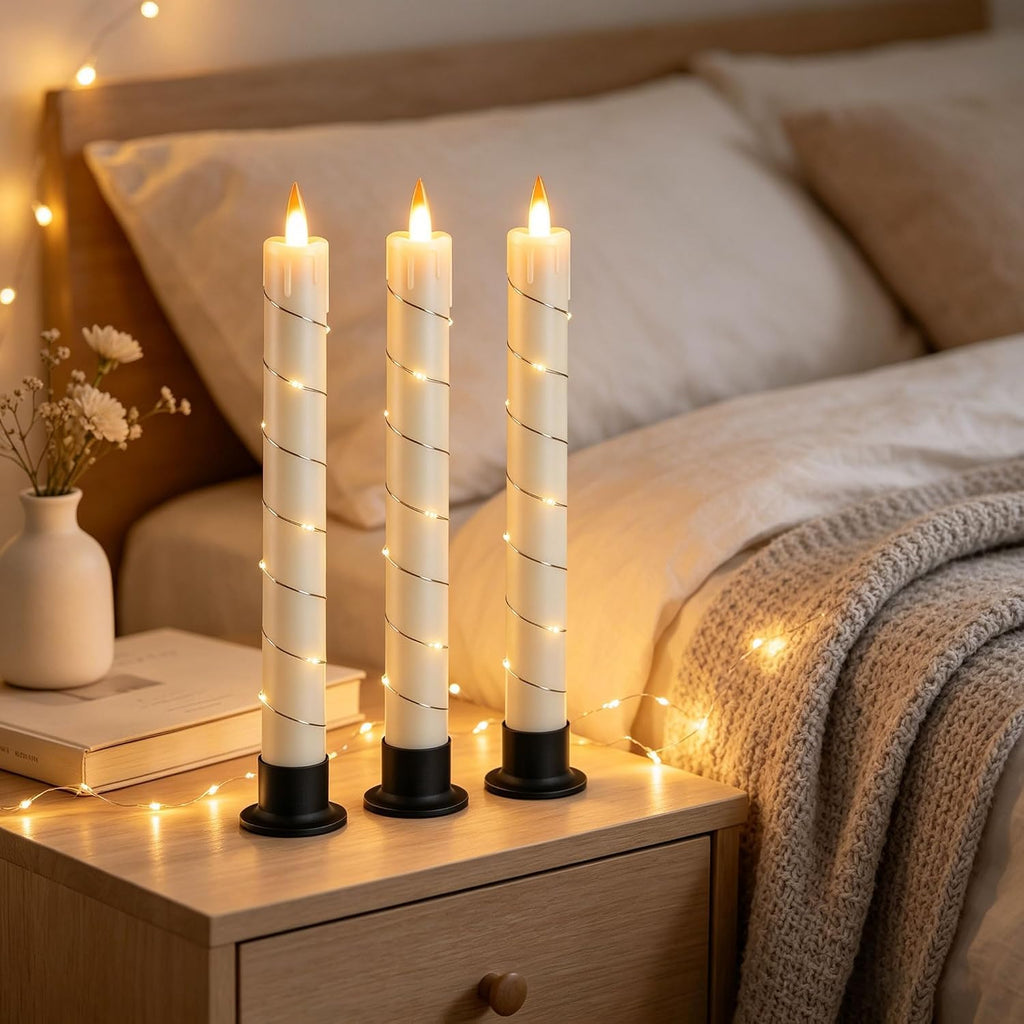 Flameless Cone Candle with Built-in Star String Light, 11-Button Remote Control, Timer, Battery Powered, Simulated Flame, 3-Pack Window Candle, Christmas Home & Wedding Decoration (Ivory)