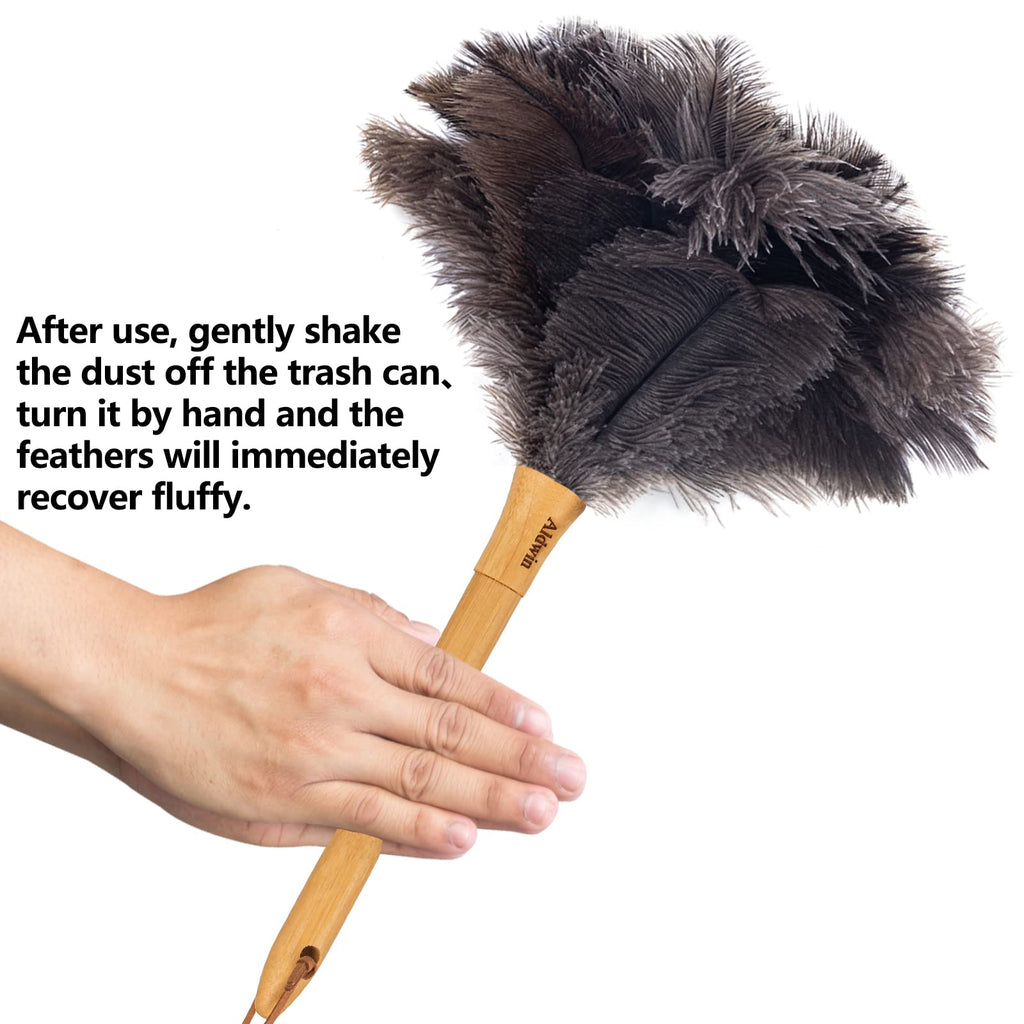 Genuine Ostrich Feather Duster, 16 inch Gray Ostrich Feather Duster with Wood Handle, Reusable Car Dusters, Eco-Friendly Handheld Cleaning Dusters for Home, Office and Kitchen
