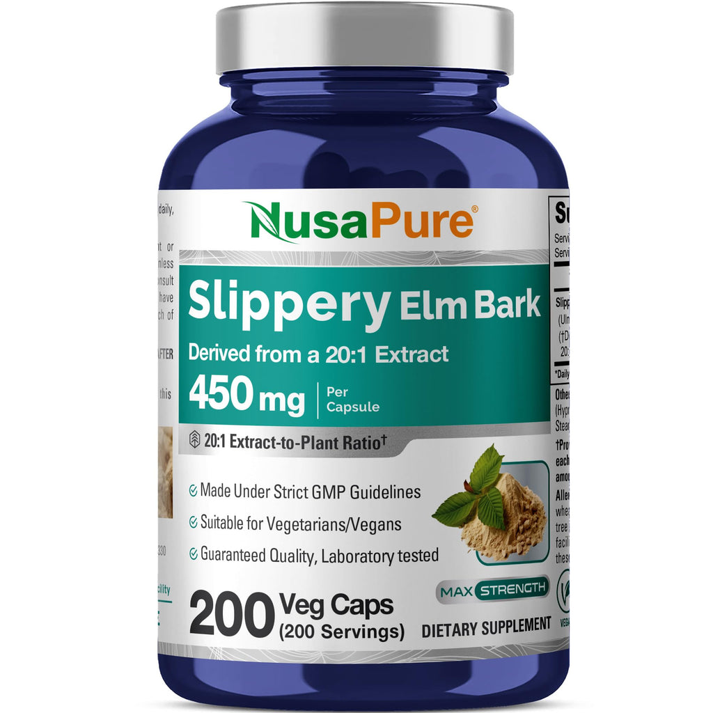 NusaPure Slippery Elm Bark Capsules, 450 mg, 200 Veg Capsules (Non-GMO, Vegan)