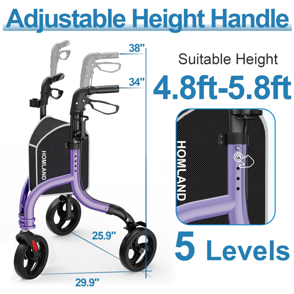 HOMLAND 3 Wheel Walkers for Seniors, Foldable Wheeled Rollator with Cane Hold and Cup Hold, Lightweight Three Wheel Rolling Walker Height Adjustable for Seniors