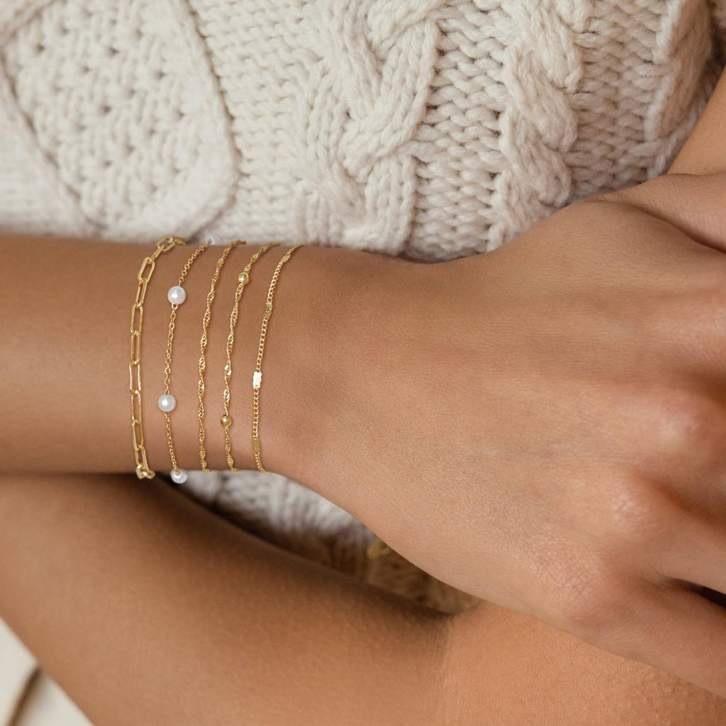 Dainty 14K Gold Plated Pearl Bracelets Stack for Women