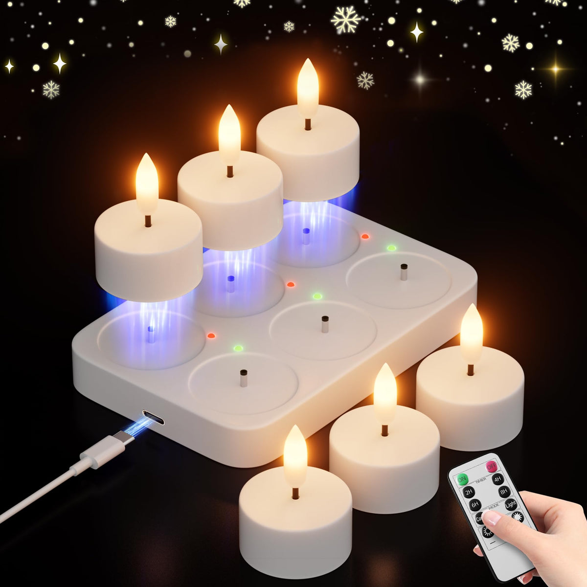 Rechargeable Flameless Tea Lights Candles with Charging Station Remote 6Pcs