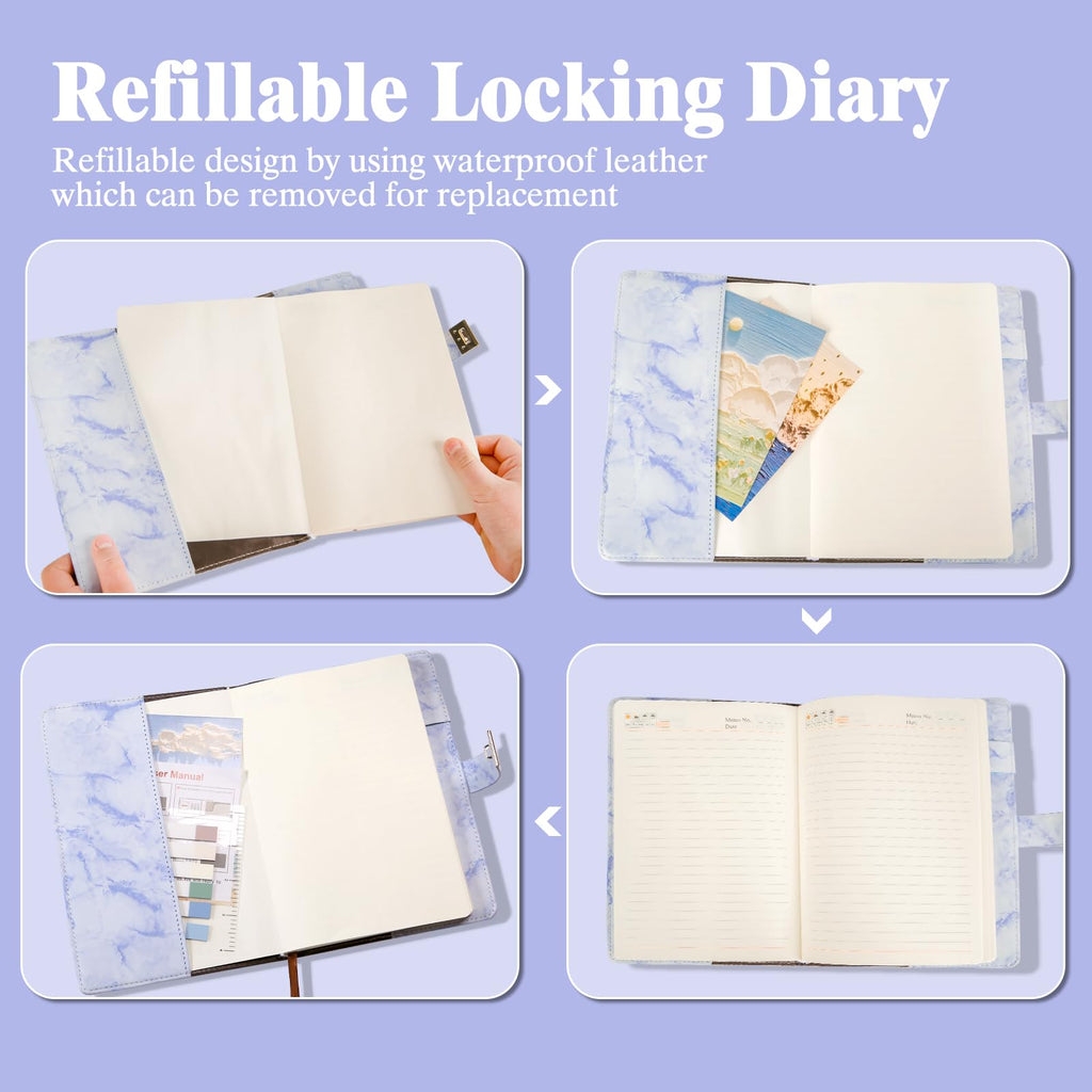 Kutoda Marble Diary with Lock, 192 Pages College Ruled Secret Journal with Lock, Waterproof A5 locked journal for women, Cute Diary Stuff for Teen Girls (Purple)