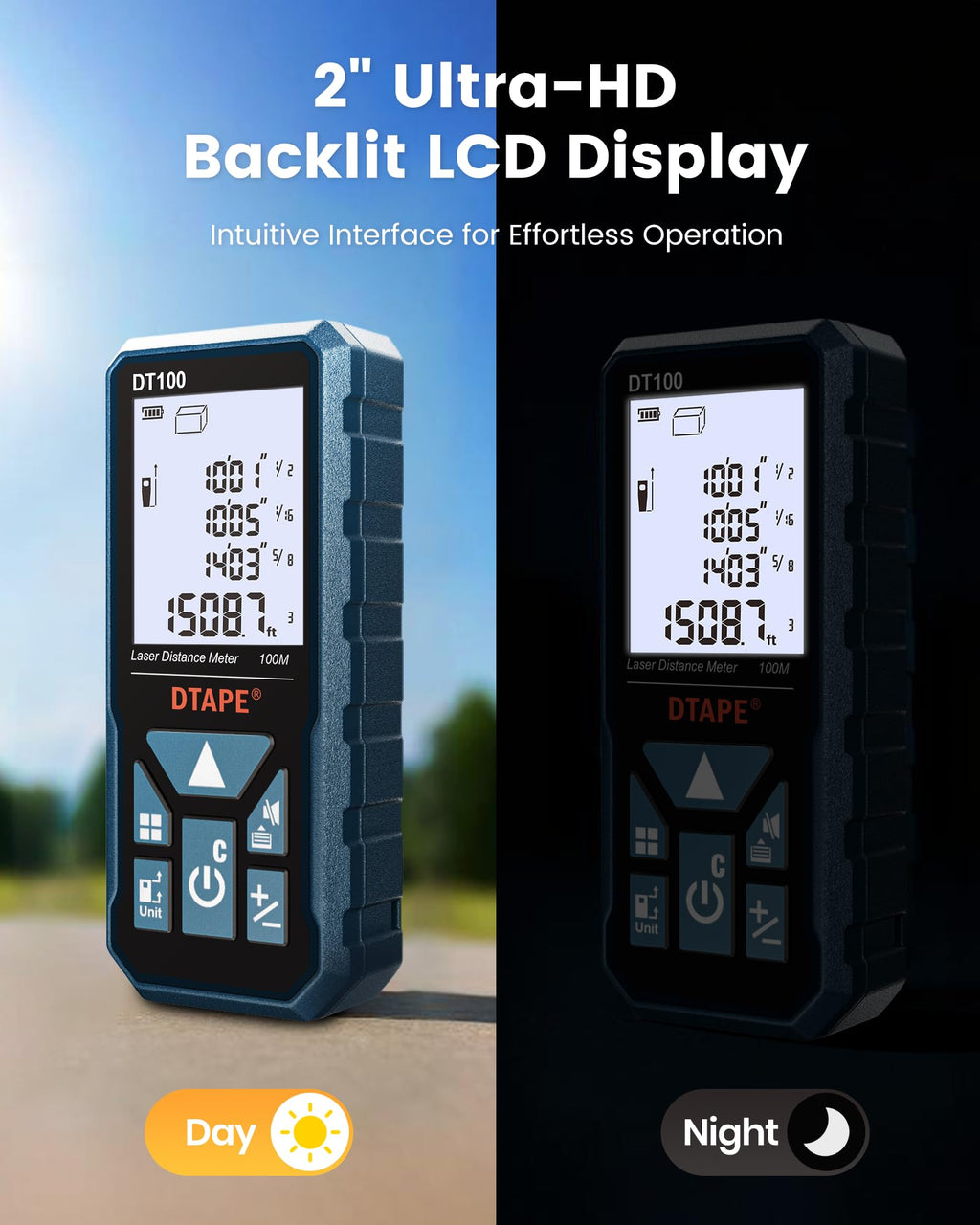 DTAPE 330 Ft Laser Measuring Tool, 1/16" High-Accuracy Laser Tape Measure, 2" Backlit LCD Display Laser Measure, Ft/In/Ft+In/M Electronic Tape Measure, Distance/Area/Volume/Indirect Laser Range Finder