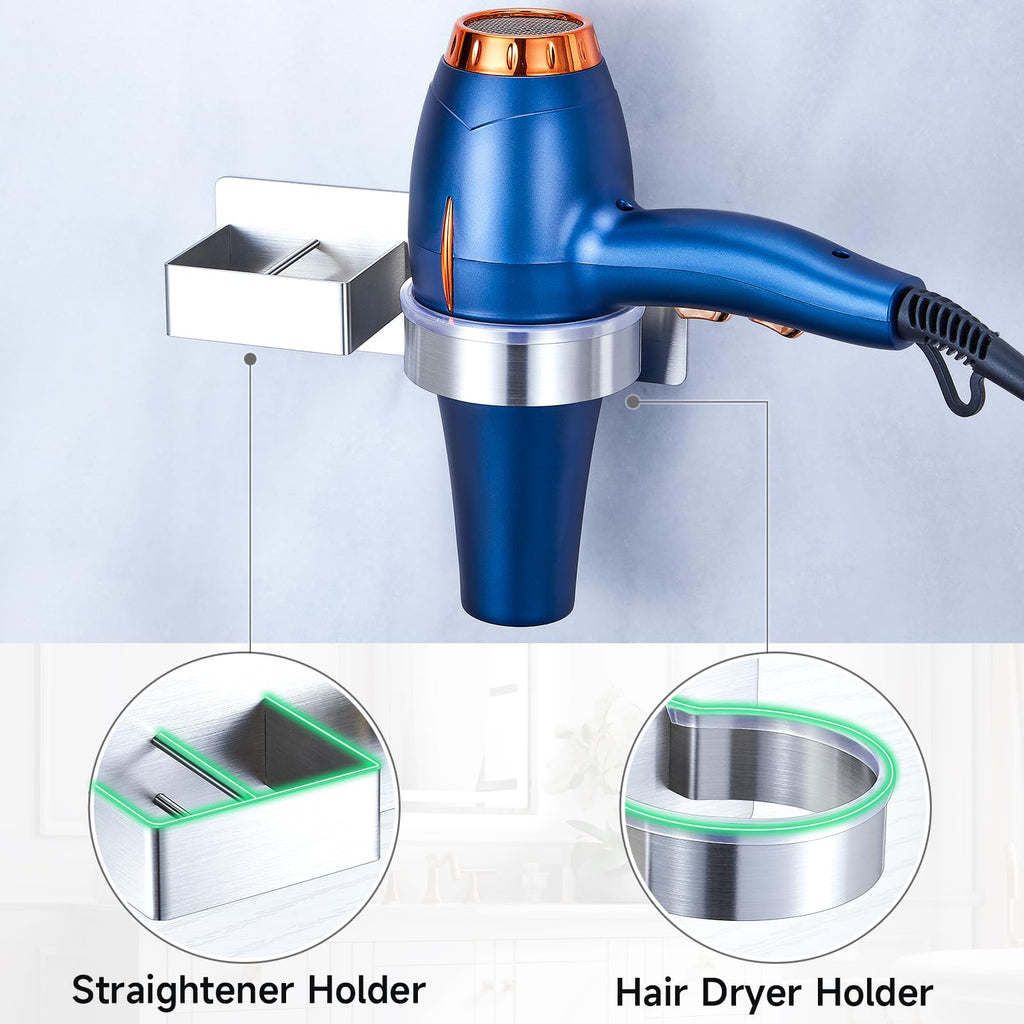 Hair Dryer Holder Wall Mounted, Hair Straightener Holder, Blow Dryer Holder Adhesive, Hair Tool Organizer for Flat Iron, Hairdryer, Curling Iron Holder for Bathroom Vanity Barber Shop (Silver)