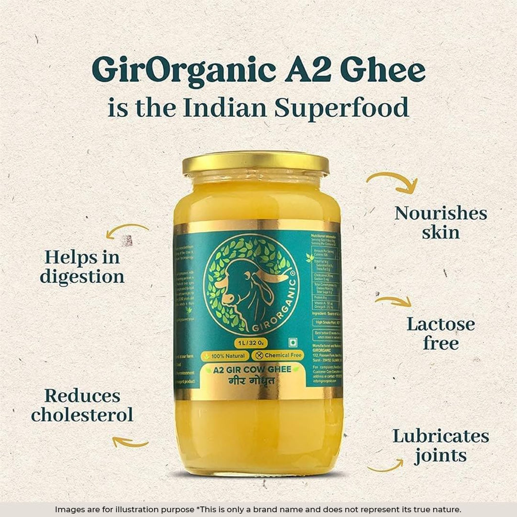 100% Organic Grass fed Ghee Butter from GirOrganic - 1 liter glass jar of Premium quality A2 Gir Cow cultured ghee. Pasture raised, Non-GMO, lactose - Casein - gluten free. Delivered in 5-8 days.