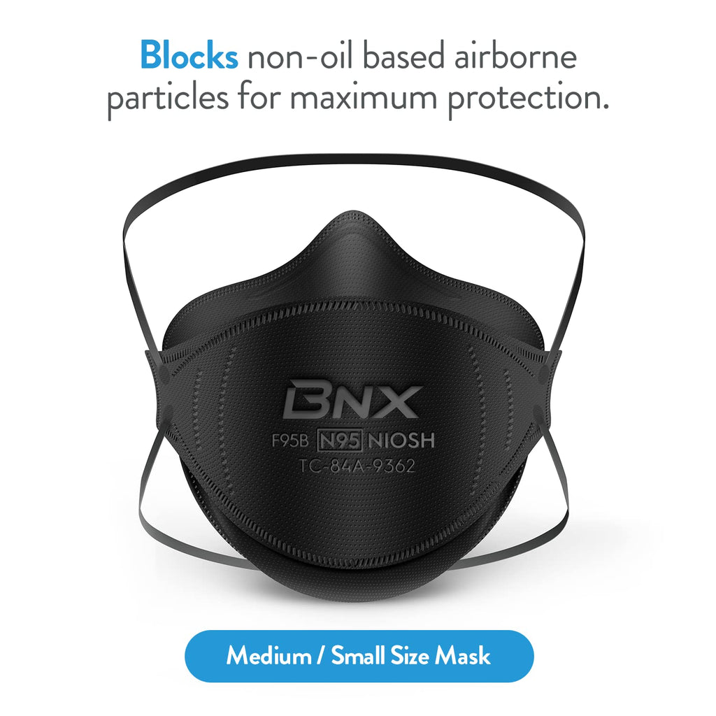 BNX N95 Mask NIOSH Certified MADE IN USA Particulate Respirator Protective Face Mask, Tri-Fold Cup/Fish Style, (20-Pack, Approval Number TC-84A-9362 / Model F95B) Black
