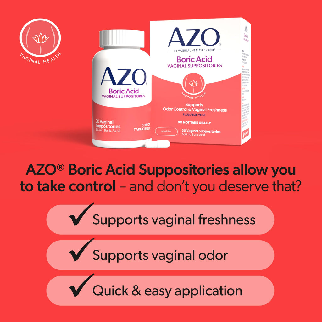AZO® Boric Acid Vaginal Suppositories for Women, Helps Support Odor Control with Clinically Studied Boric Acid, Non-GMO, 30 Count