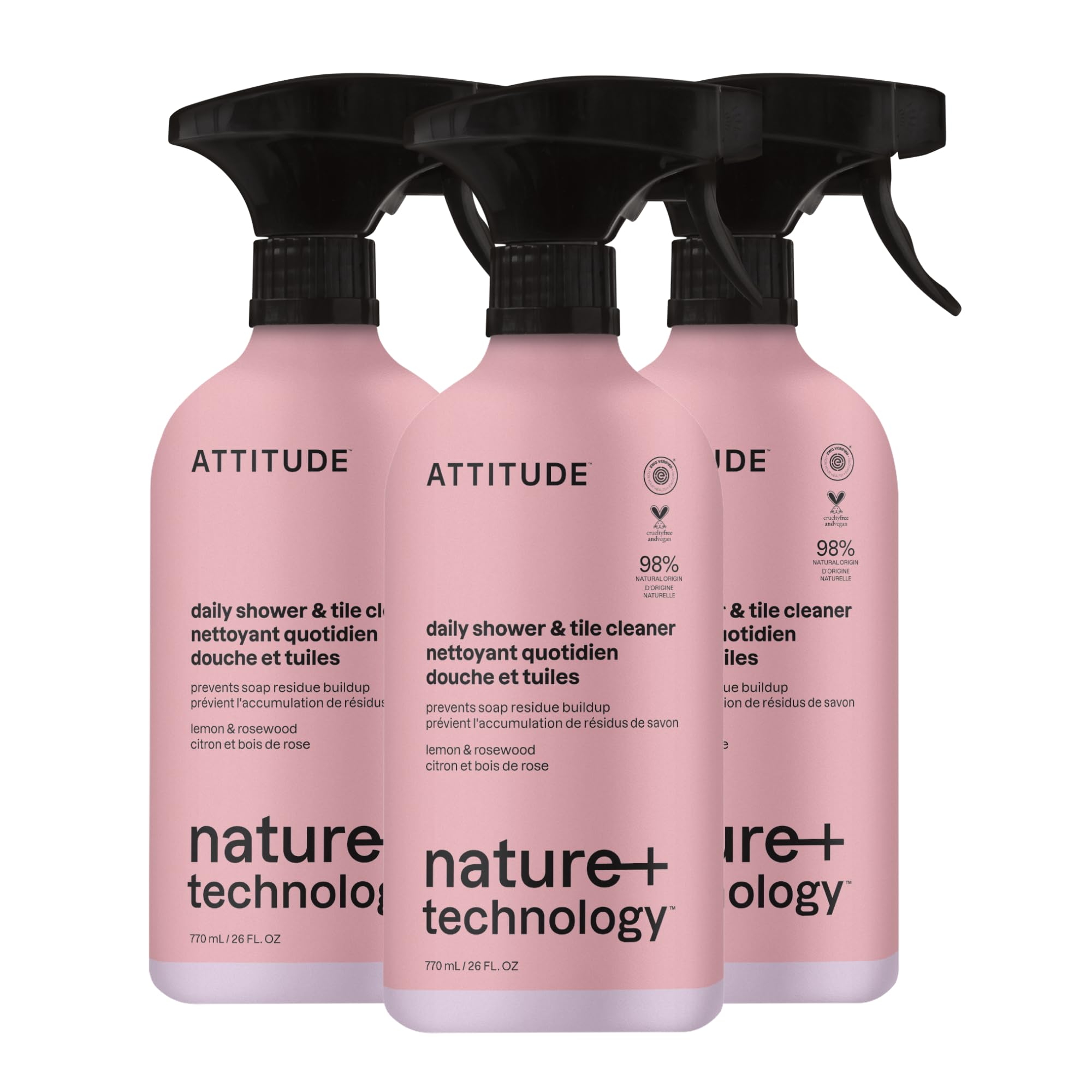 ATTITUDE Shower & Tile Cleaner Spray, EWG Verified, Bathroom Cleaner Removes Soap Scum & Grime, Plant-Based & Vegan, Lemon & Rosewood Scent, 26 Fl Oz (Pack of 3)