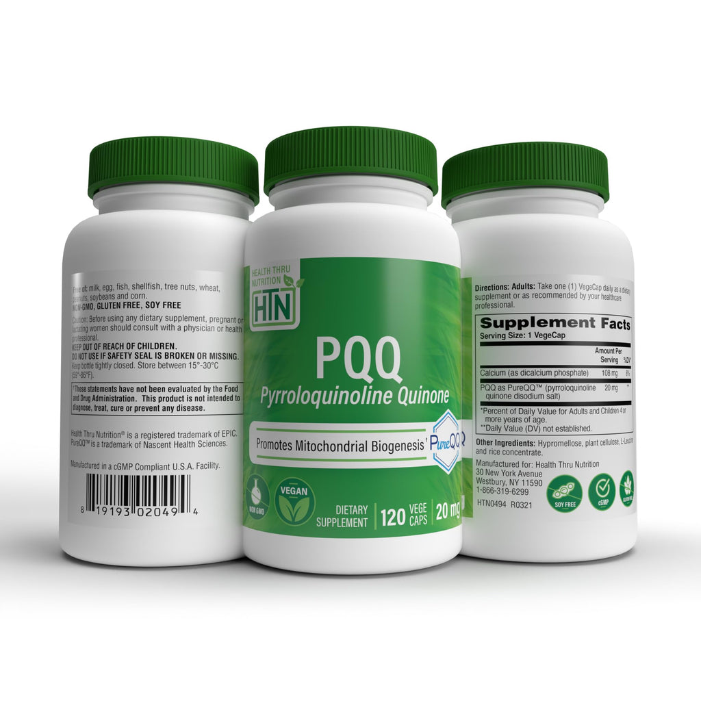 Health Thru Nutrition PQQ 20mg 120 Servings Pyrroloquinoline Quinone as PureQQ | Promotes Mitochondrial Biogenesis | Certified Vegan | Non-GMO Gluten Soy Free Capsules| Clean Label PQQ Supplement